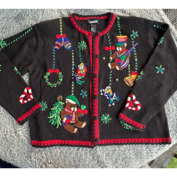 Vintage Christmas Sweater, Cardigan, Beaded, Bears, Busy, Embroidered XL - Picture 1 of 13